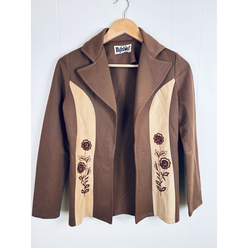 VINTAGE 70's Right On! by Estivo Women's Small Brown Tan Embroidered Blazer
